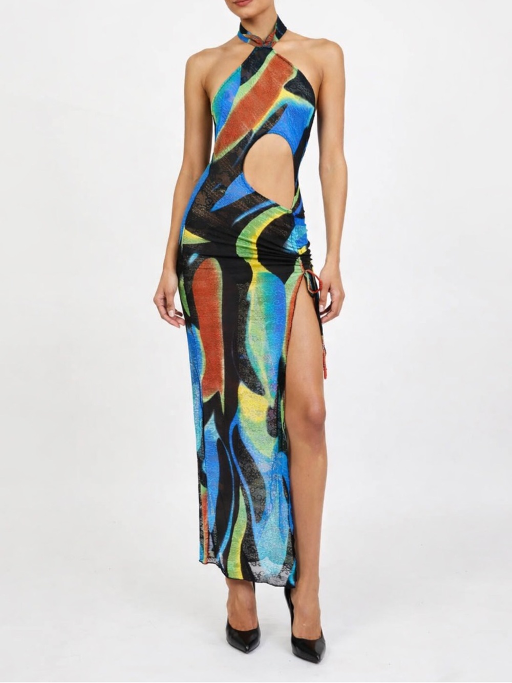 Kim Shui Blue, Green & Orange Halter Cutout Maxi Dress